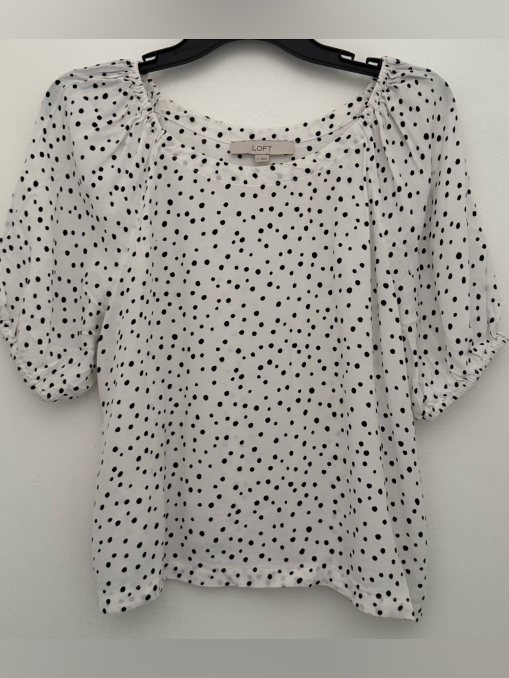 LOFT White Blouse with Black Polka Dots and Puff Sleeves